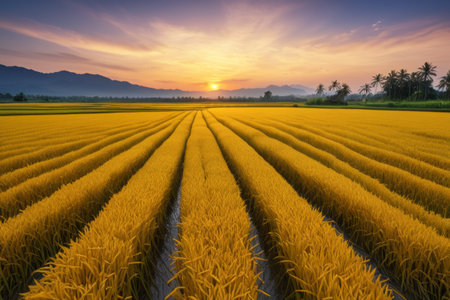 Golden rice field landscape at sunsetの素材