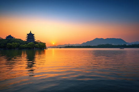 Lake view at sunset over West Lake in Hangzhouの素材