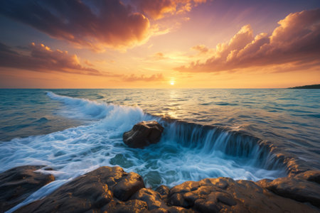 Sunset by the sea with crashing waves on the reefの素材