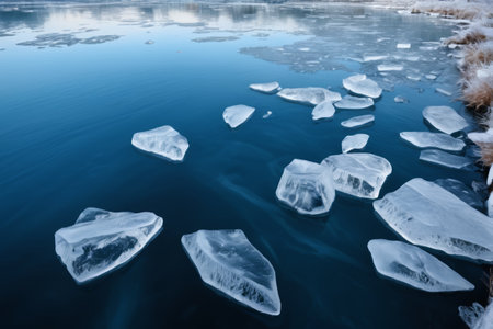 Natural view of floating crushed ice on the water surfaceの素材