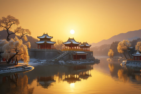 Sunrise view of ancient buildings by the lake in winterの素材