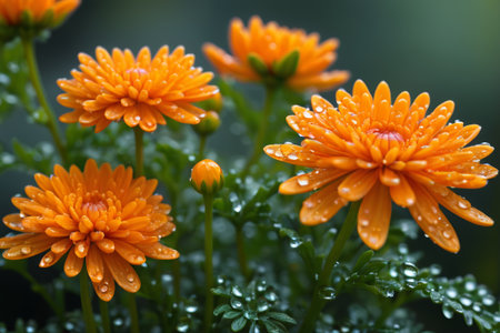 Close up of orange chrysanthemum with water beadsの素材