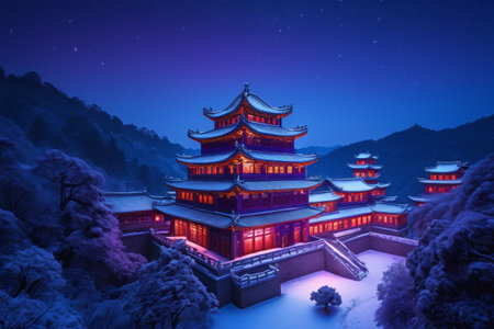 Chinese ancient architectural landscape on a snowy nightの素材