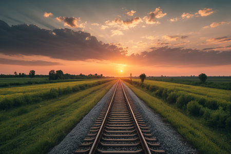 Railway scenery extending under the setting sunの素材