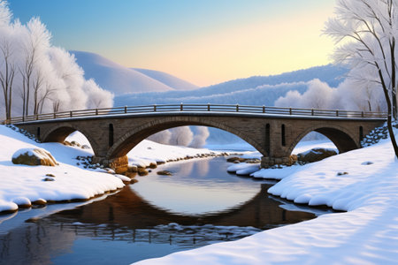 Snow covers the stone bridge landscape in winterの素材