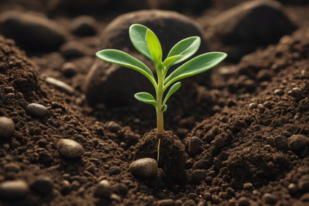 Young green plant seedlings emerging from the soilの素材