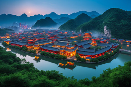 Aerial photography of Chinese ancient buildings at nightの素材