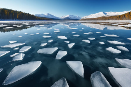 Ice floes on the lake and the distant snow capped mountainsの素材