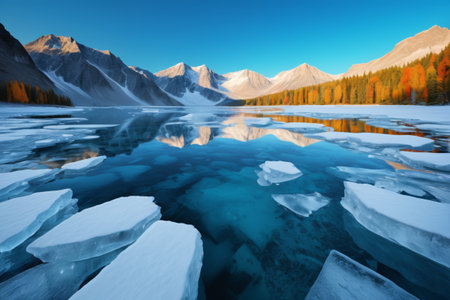 The frozen lake in the mountains and the snow capped mountains in the distanceの素材
