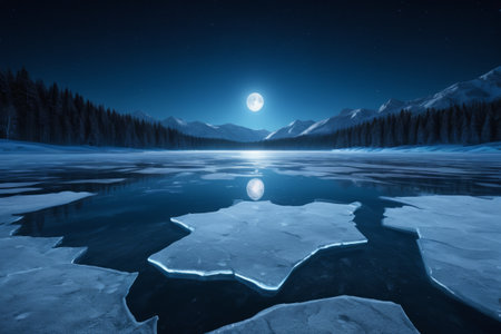 The frozen lake and mountains under the moonlit nightの素材