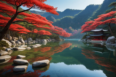 Red maples in the mountains and rivers and Chinese architectural sceneryの素材