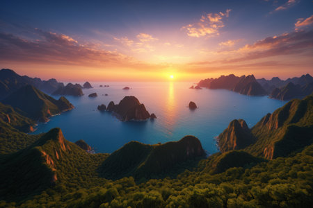 Magnificent sunrise view between mountains and seaの素材