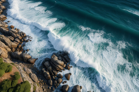 The waves crashing on the rocks on the shoreの素材