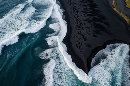 Overlooking the black sand beach and ocean wavesの素材