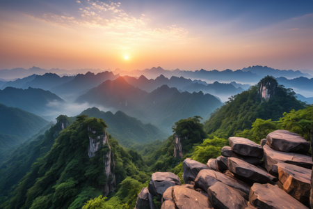 Natural landscape of continuous mountains at sunriseの素材