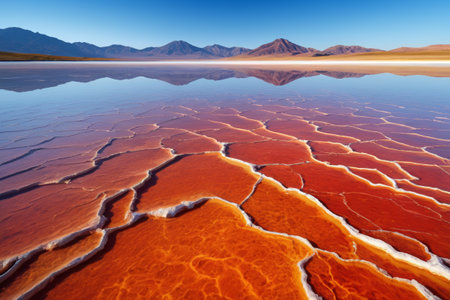 Red Salt Lake and distant mountain landscapeの素材