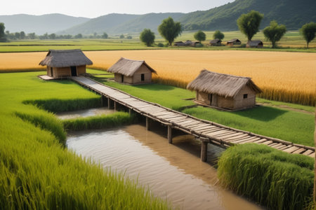 Scenery of straw houses and wooden bridges in the fieldsの素材