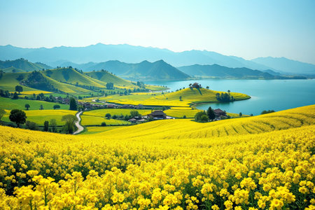 Pastoral rapeseed fields and landscape sceneryの素材