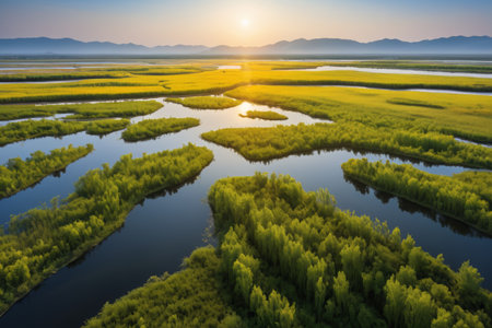 Panoramic sunrise view of wetland sceneryの素材