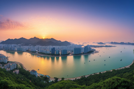 Panoramic view of sunset over the seaside cityの素材