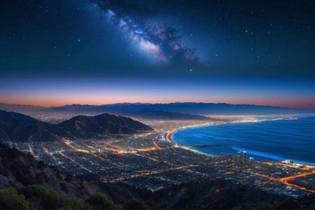 Panoramic view of the city at night between mountains and seaの素材