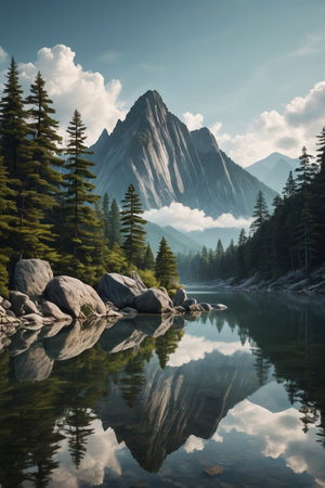 Peaceful lakes and towering peaks in the mountains and forestsの素材