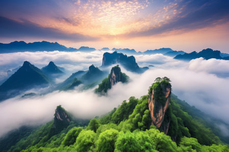 Mountains, sea of clouds, sunrise and natural sceneryの素材