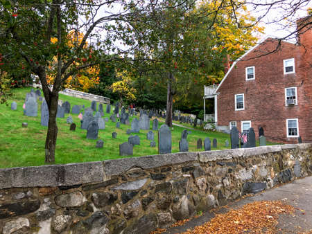 Concord, MA / USA - Oct 14, 2018: Tombstones from Concordâ€™s historical earliest burial site...