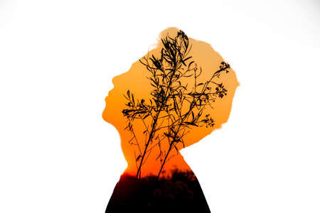 Multiple exposure digital composite with a silhouette of a person in profile and a sunset with a silhouette of a tree.の写真素材