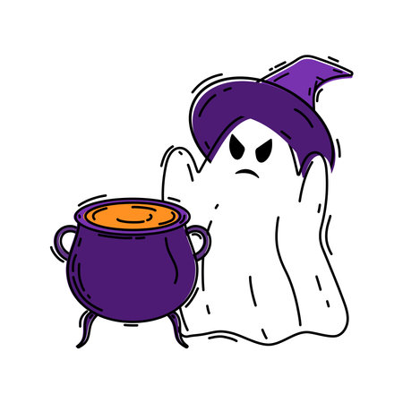 Cartoon halloween ghost with witch hat and cauldron. vector illustrationのイラスト素材