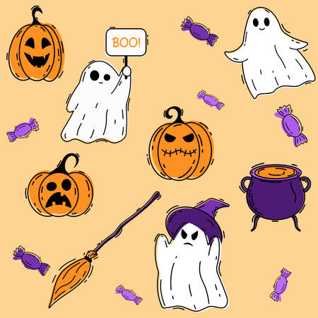 Halloween doodle set. Cartoon ghost candy pumpkin cauldron broom. vector illustrationのイラスト素材