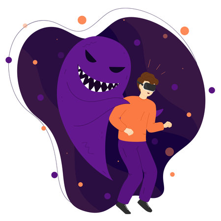 virtual reality. VR gaming, video gaming, horror game. Scary monster behind Man in VR glasses. Flat vector isolated illustrationのイラスト素材