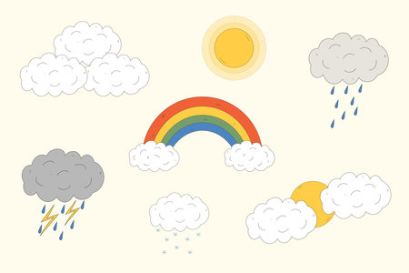 cartoon weather set. Sun, cloud, rain, lightning, snow. vector illustrationのイラスト素材