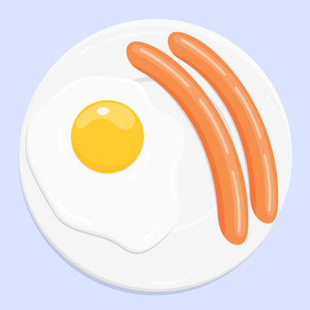 Cartoon fried egg and sausages on plate. breakfast vector illustrationのイラスト素材