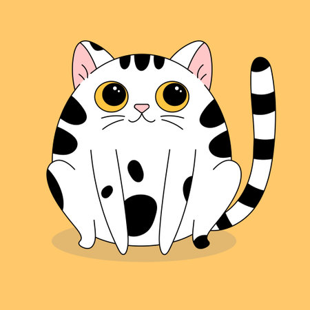 Cute cartoon isolated vector cat. Funny white round kitten with black spotsのイラスト素材