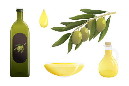 Olive oil bottle and olives set. Olive branch, oil drop, bottle of oil. Cartoon isolated vector illustrationのイラスト素材