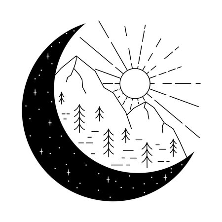 Mountain monoline or line art. day and night. vector illustrationのイラスト素材