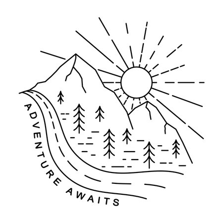 Mountain with road monoline or line art. Adventure awaits. vector illustrationのイラスト素材