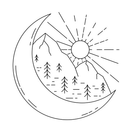 Mountain with moon and sun monoline or line art. vector illustrationのイラスト素材