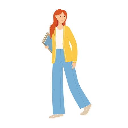 Young woman holding books and notebooks isolated on white background. Smiling student walking and carrying studentbooks. colorful flat vector illustrationのイラスト素材