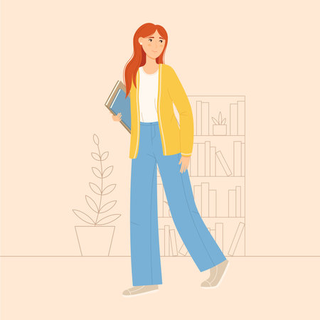 Young woman holding books and notebooks in the library. Smiling student walking and carrying studentbooks. Colorful flat isolated vector illustrationのイラスト素材