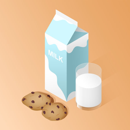 Isometric milk carton box, glass of milk and chocolate chip cookies. vector illustrationのイラスト素材