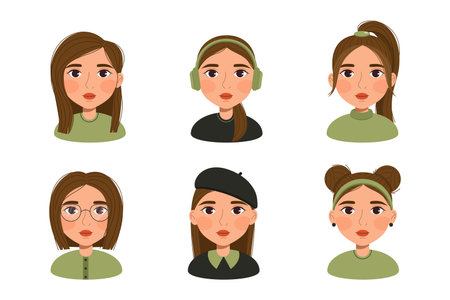 Cute girl avatar set. Cartoon character portrait collection. isolated vector illustrationのイラスト素材