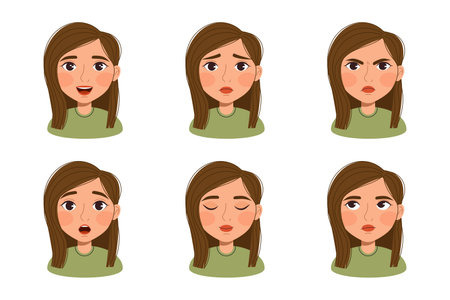 Set of facial expressions female cartoon character. Collection of young woman feelings. Girl with various emotions. vector illustrationのイラスト素材