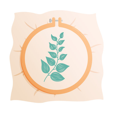 Embroidery hoop with stitched leaves. Cartoon vector isolated illustrationのイラスト素材