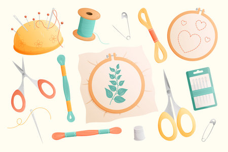 Set of tools for hobby, embroidery needlework, hoop, thread, needle, floss, scissors and pincushion. Cartoon vector illustrationのイラスト素材