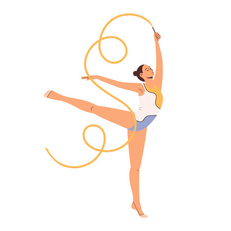 Rhythmic gymnastics girl with ribbon. Flat vector illustration isolated on white backgroundのイラスト素材