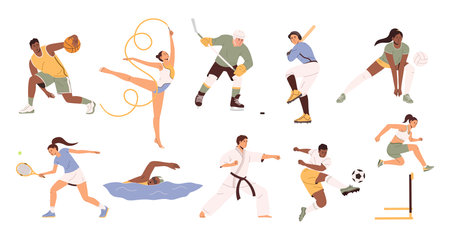 Athletes set. Basketball, tennis, soccer and football, volleyball, hockey and baseball players, gymnastics, karate, hurdler runner and swimmer. Flat vector illustration isolated on white backgroundのイラスト素材