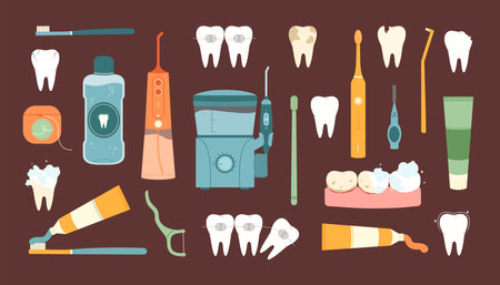 Teeth health, dental care set. Collection of oral hygiene cleaning tools and different teeth. Flat vector isolated illustrationのイラスト素材