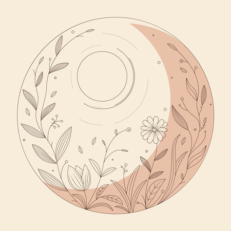 Flowers, leaves, sun and moon in mono line style art for badges, emblems, patches, t-shirts. Vector illustrationのイラスト素材